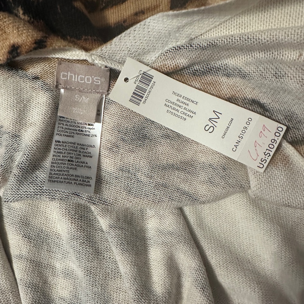 Chicos Women's Tiger Essence Covering Ruana Natural Cream Sz S/M NWT! $109 MSRP - Picture 4 of 4